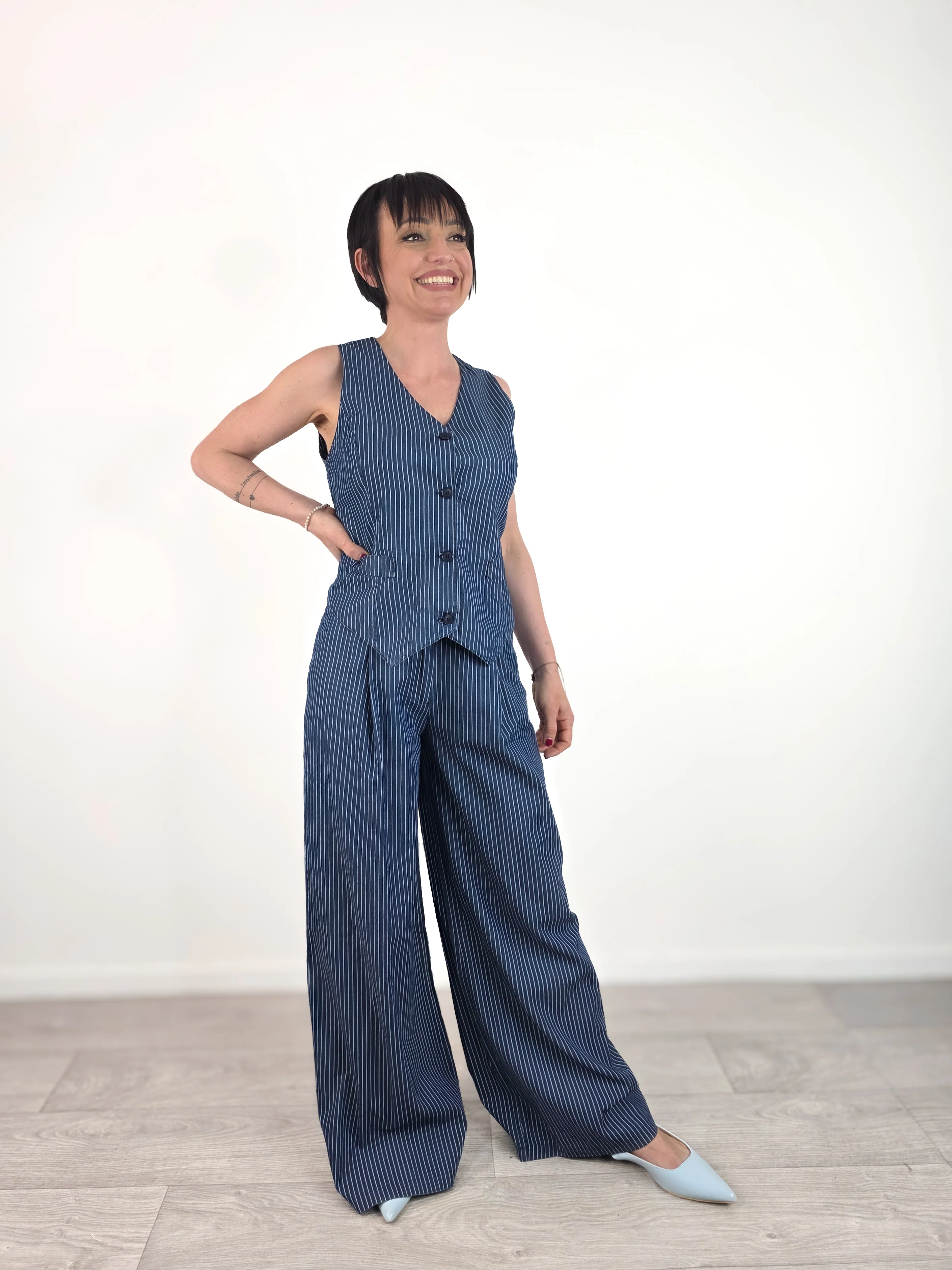 Kikisix - Gilet gessato in chambray - Blu
