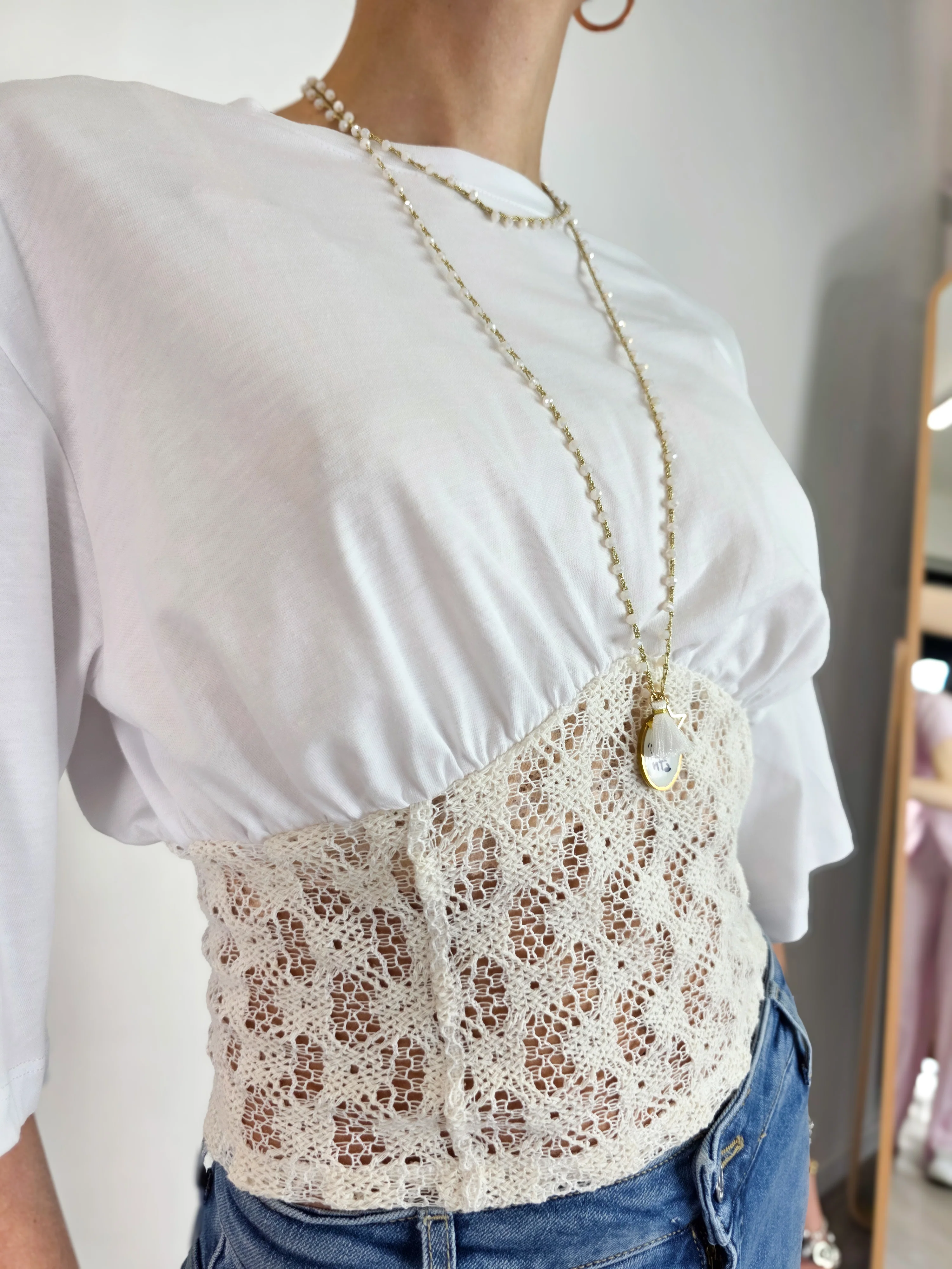 Kontatto - T-shirt con bustino macramè - Bianco - Image 2