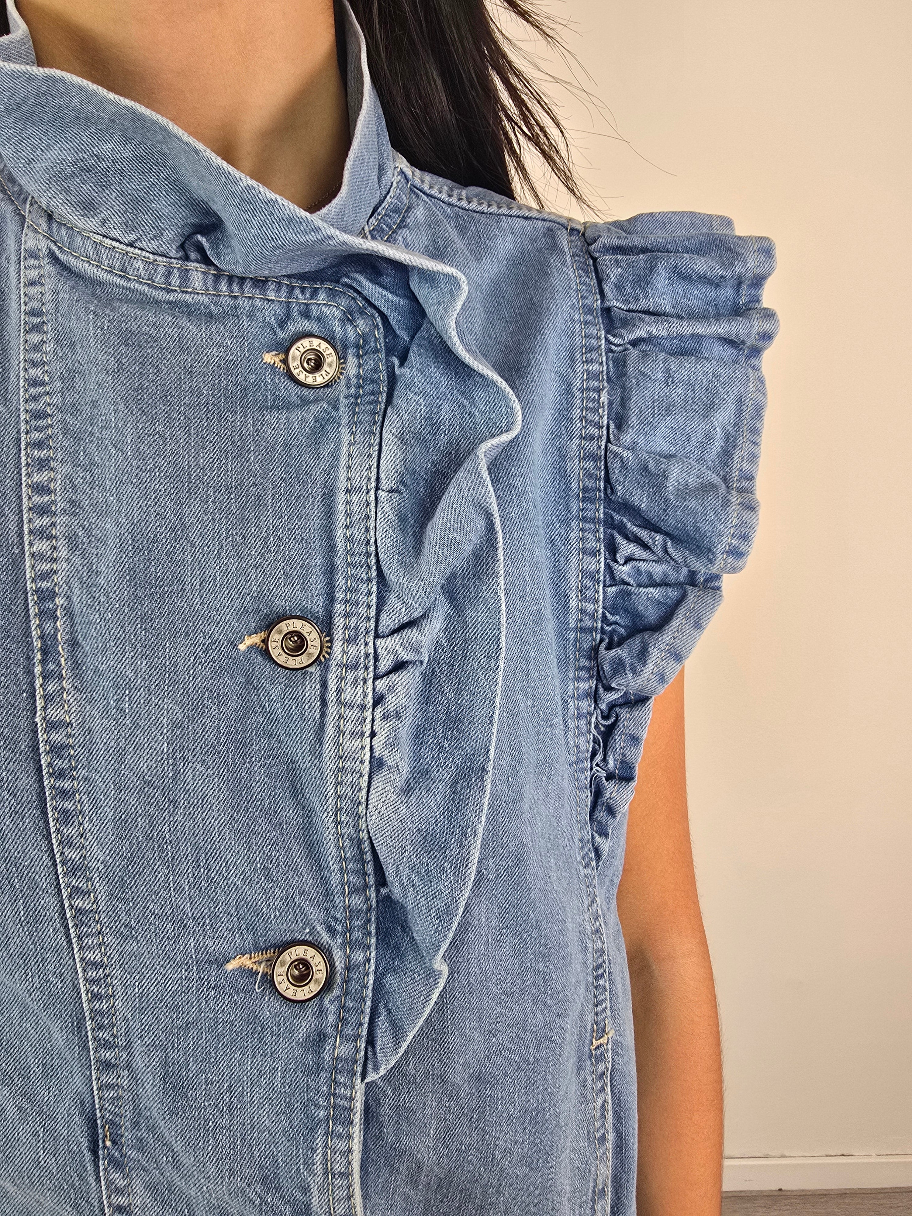 Please - Gilet in denim con rouches -Azzurro - Image 3