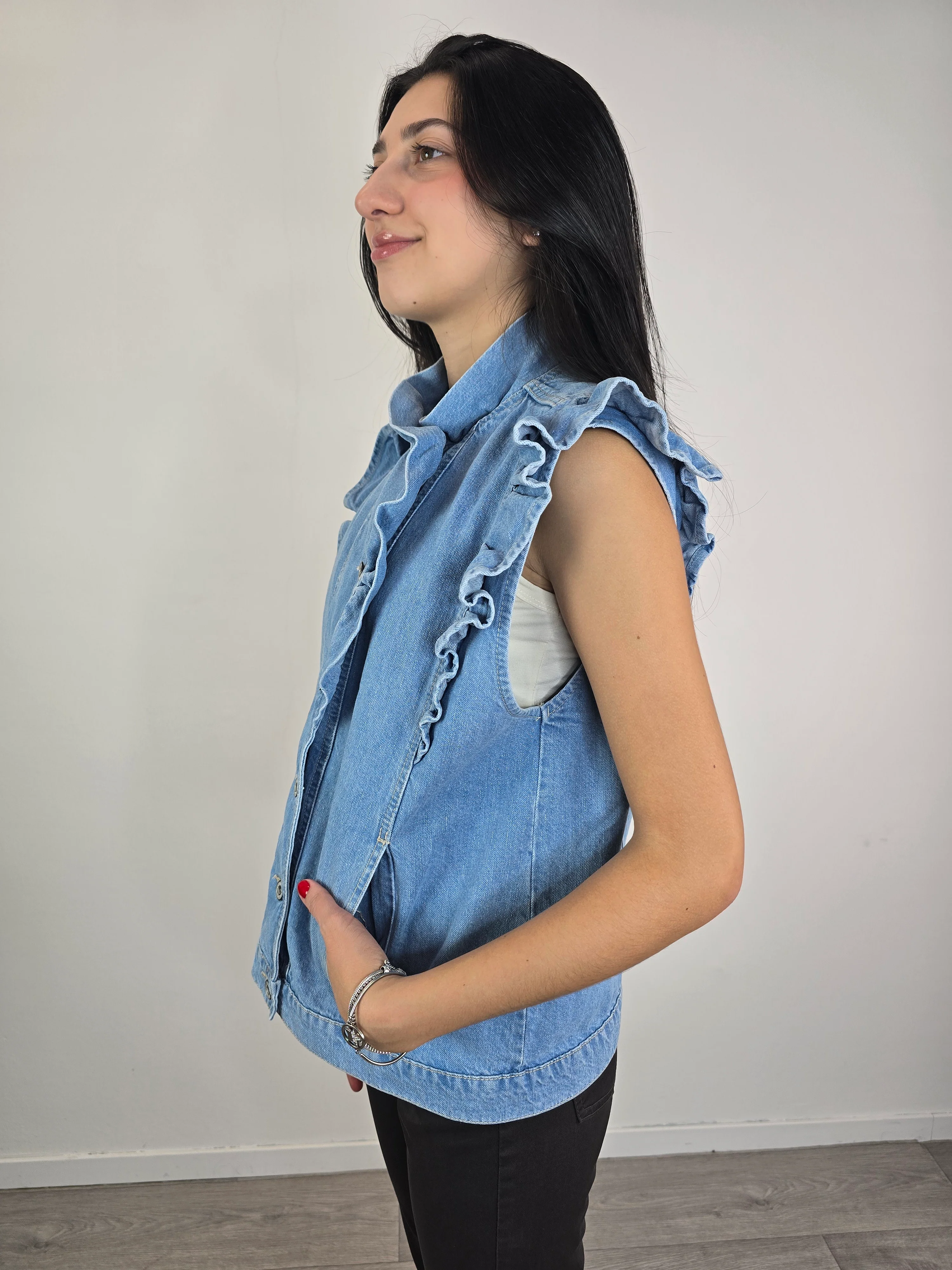 Please - Gilet in denim con rouches -Azzurro - Image 4